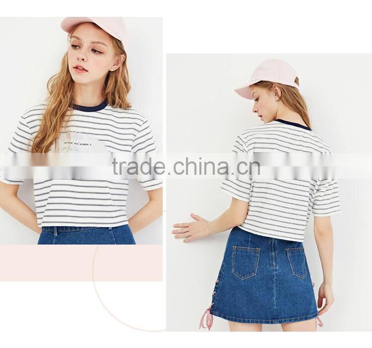 Slim Soft Elastic Girl Short Sleeve O-neck Crop Top t-shirt 100% cotton wholesale striped t-shirt