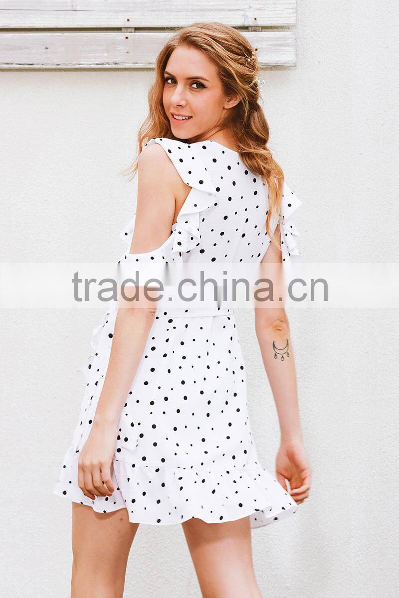 Ruffle cold shoulder polkadot print summer dress Vintage irregular bow wrap short dress Women chic chiffon white dress
