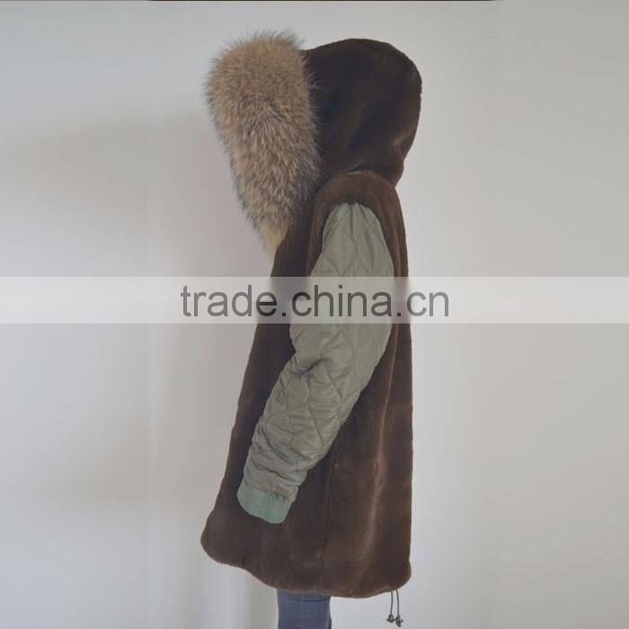 Myfur Long Parka with Detachable Raccoon Fur Hood Navy Fur Trimmed