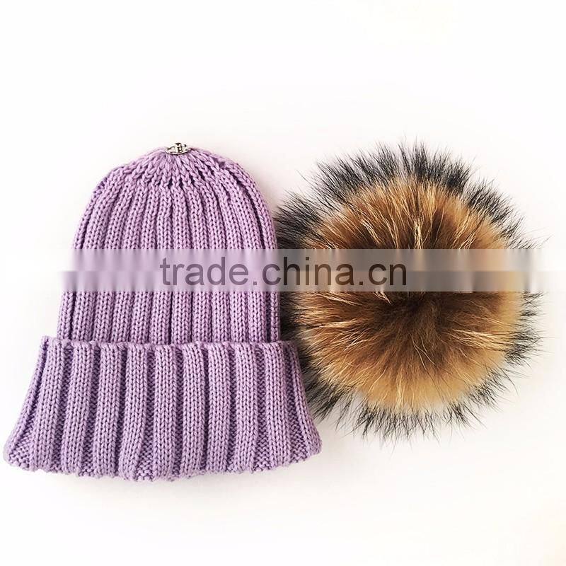 Myfur Cute Lavender Real Raccoon Fur Ball Flip Up Brim Hat
