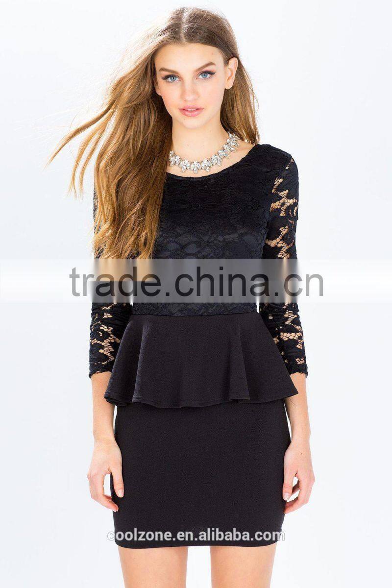 Three-quarter sheer sleeves V back peplum lace dress design