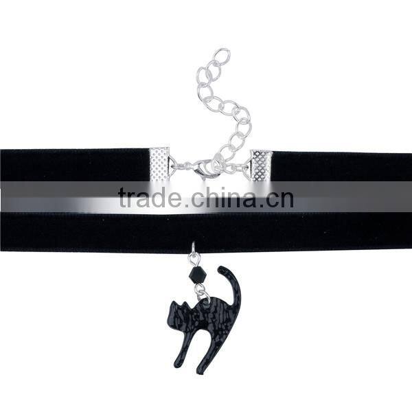 Wholesale Silver Plated Black Cat Velveteen Halloween Choker Necklace