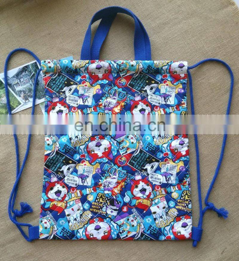 custom high-quality cotton quilted blue Shopping Drawstring Bag bunch of pocket recycle draw string bag gift bag shopping bag