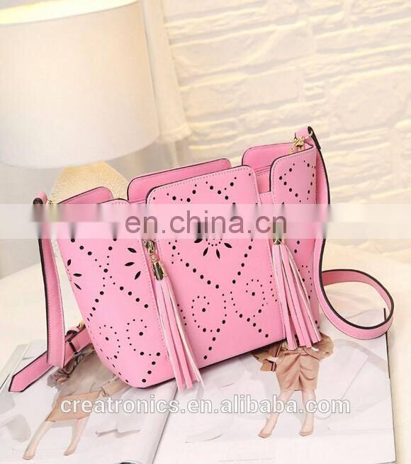 CR high reputation manufacture handbags latest model tassel bag long strap hollow pattern shoulder bag handmade leather bags