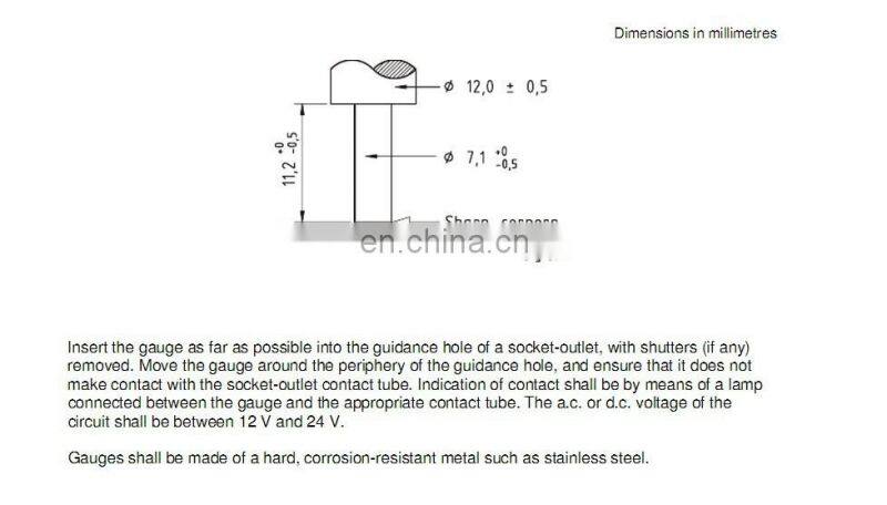 Gauge for the distance from the engagement face to the current carrying contact tubes of socket-outlet of SANS164-1 ANNEX A