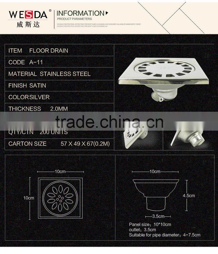 WESDA 3.5inch High Quality Double sealing Brass Floor drain,rectangular floor drain,floor drains stainless steel