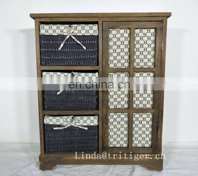 Factory wholesale solid paulownia MDF wood chest with wicker drawer storage cabinet