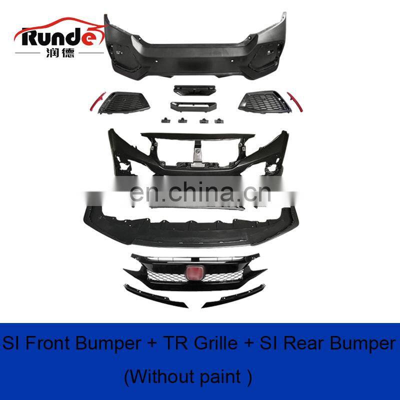 Runde PP Material Body Kit With Front Rear Bumper Grille Side Skirt Spoiler For 2016-2019 Honda Civic 10th Generation Bodykit