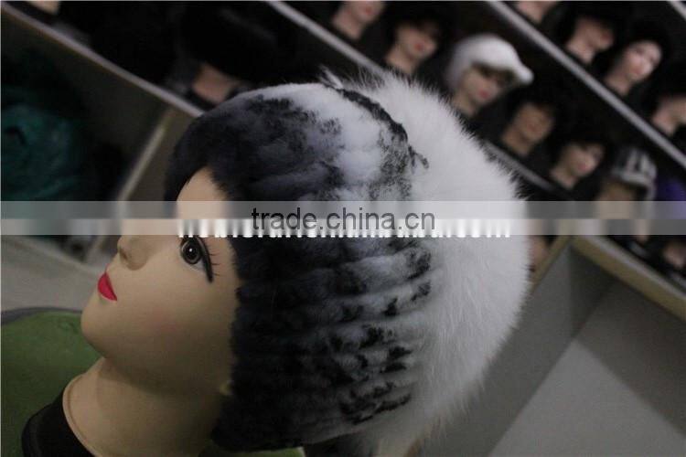 Skullies And Beanies Women Real Rex Rabbit Fur Hat With Silver Fox Fur Pompom