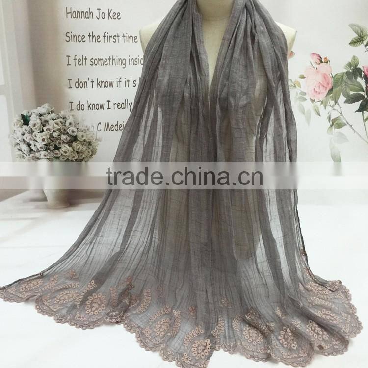 Leisure Japanese Literary Art Style Vintage Plain Flower Embroidery Wholesale Cotton Linen Scarves