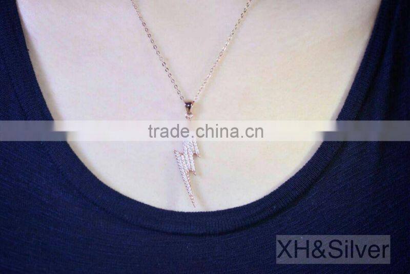 Rose plated 16inch 925 silver jewelry CZ lightning pendant necklace