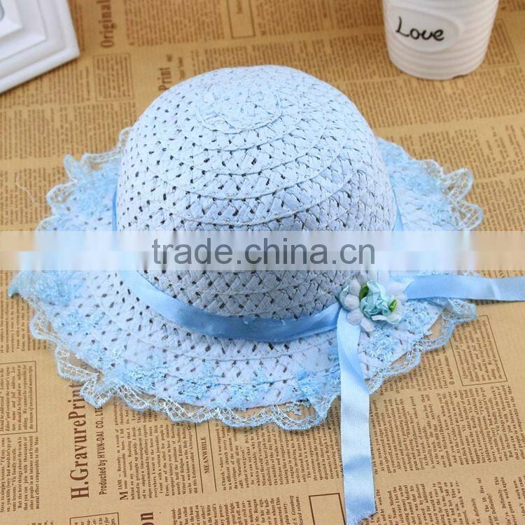 Cute Summer Child Girls Straw,Floppy Flower Beach Hat With Lace Embellishment