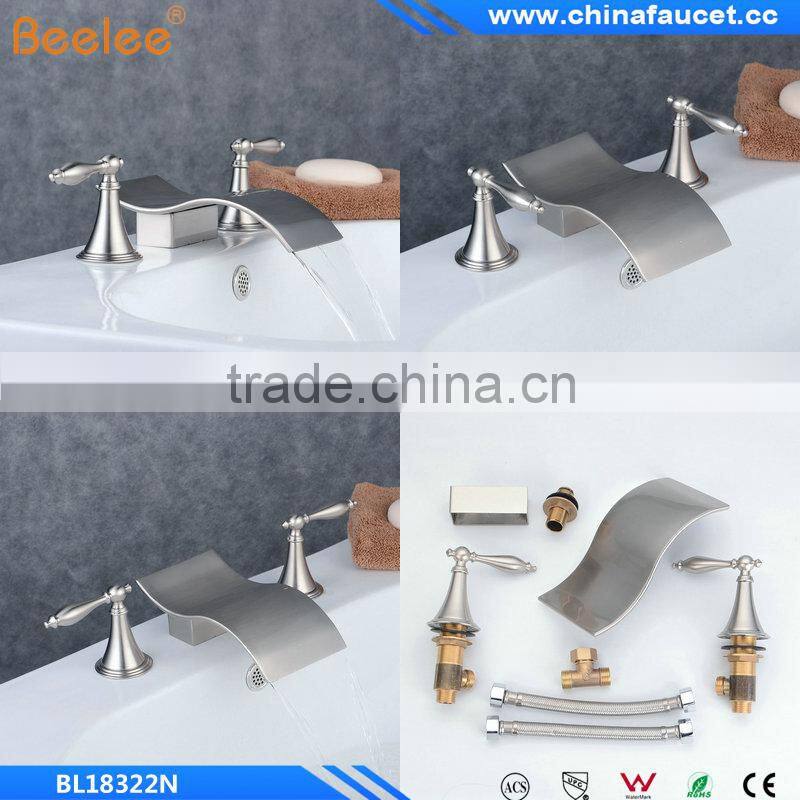 Nickel Brushed Finish Two Handles Three Holes Bathroom Waterfall Basin Mixer Vessel Faucet Tap Contemporary Waterfall Brass