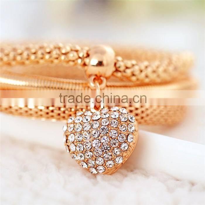 Fashion gold rose gold plated rope zinc alloy rhinestone heart pendant charm bracelet