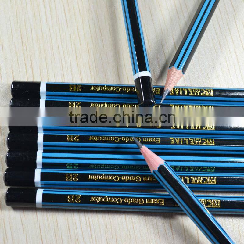 7" standard size hexagonal shape black and blue striped graphite 2B pencil sharpened with dipped end