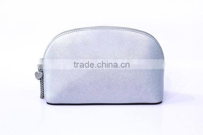 Kind workmanship Genuine leather silver makeup bag metal zipper closure