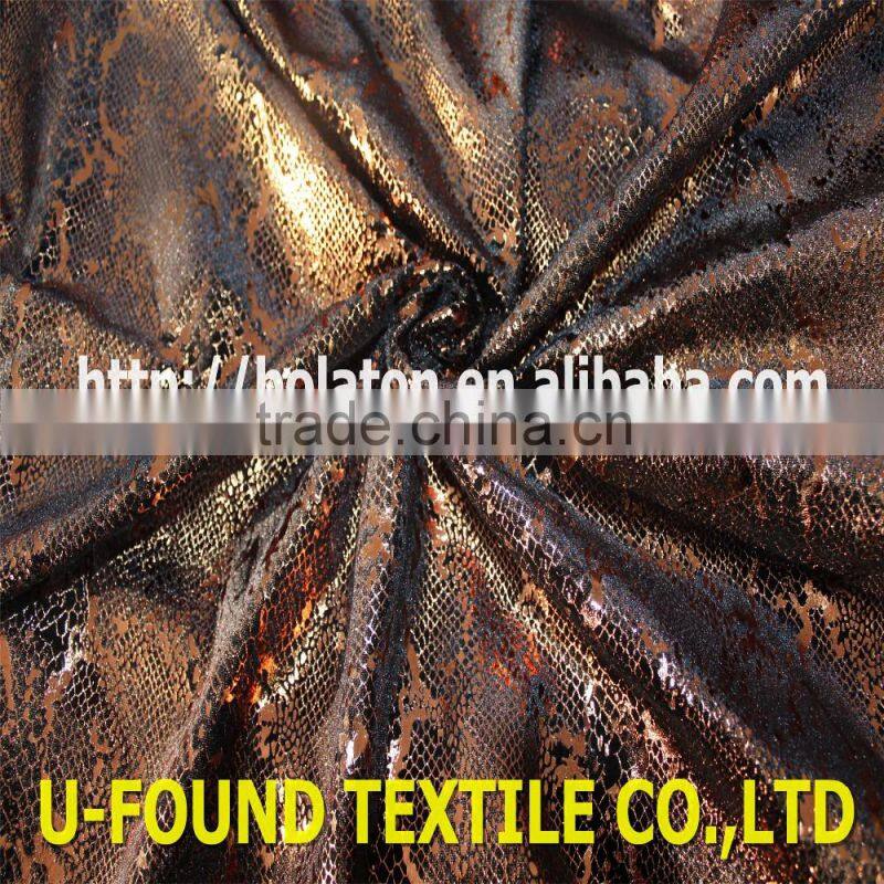 new fancy item 95% polyester 5% spandex warp knitted velvet with bronze foil python pattern print fabric