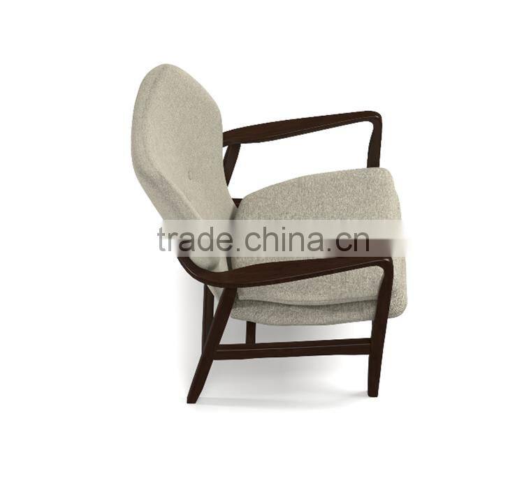 Mid-century walnut finished modern green fabric upholstered club chair with sleek polished wood arms