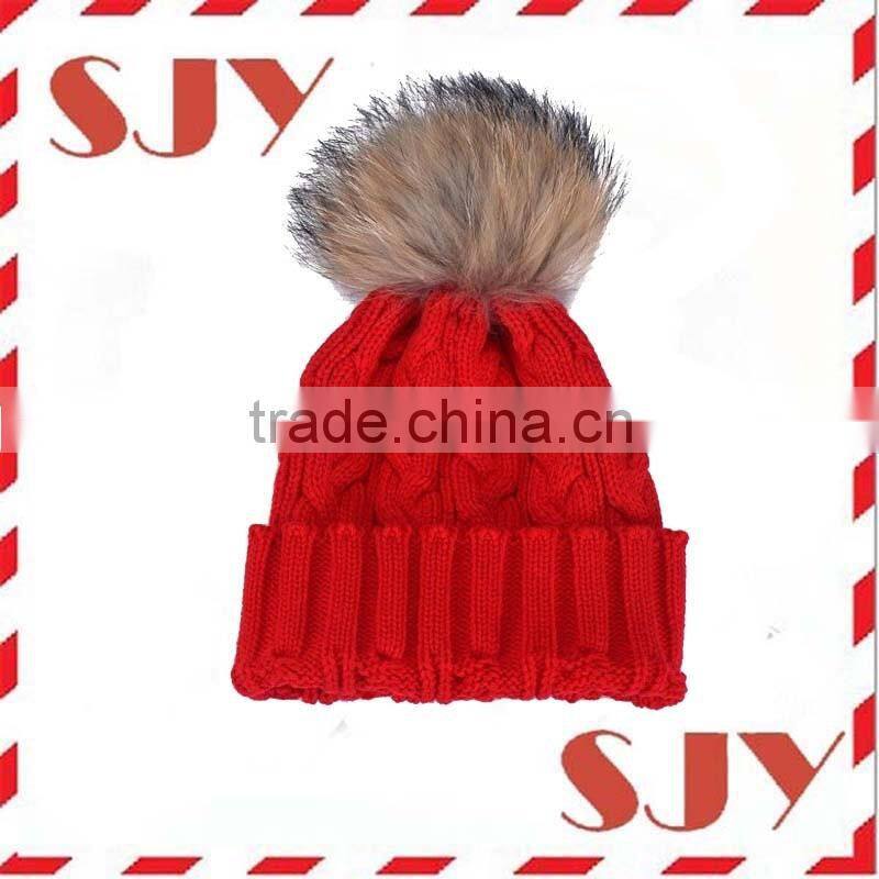 Woman's Real Raccoon Fur Pompom Knitted Slouchy Hat Beanies Cap