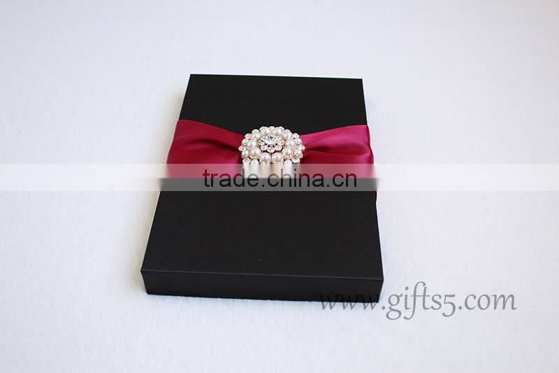 Black Color Silk Wedding Invitation Box With Crown Brooch Embellishment