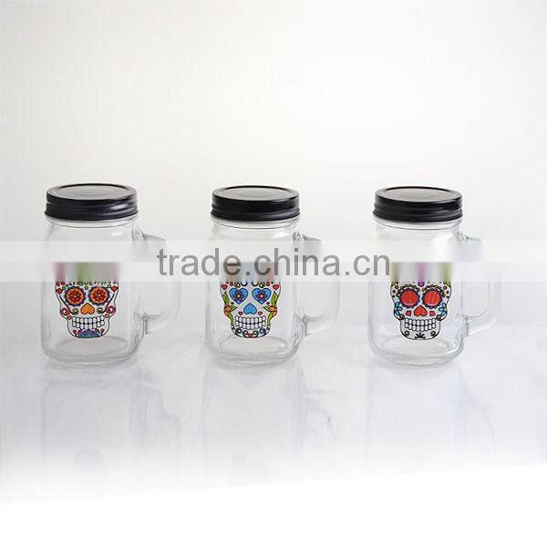 15.5oz Halloween skull color paper with lid straw with handle