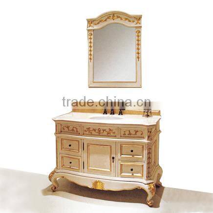 Italian Neo Classic White and Golden Custom Solid Wood Single Basin Bathroom Cabinet with White Marble Countertop BF12-06134a