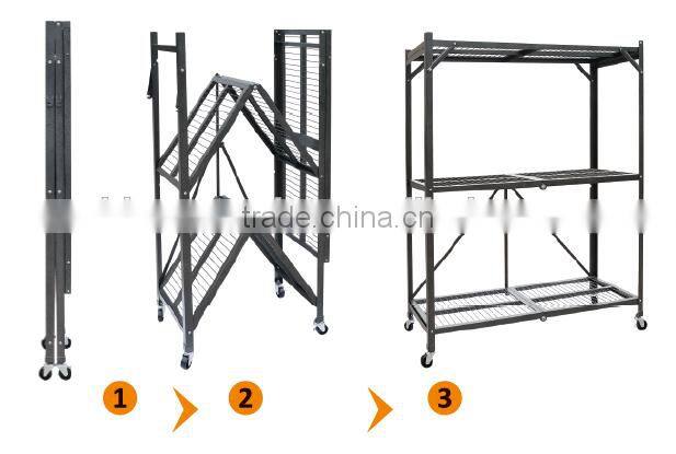 3-tiers folding metal display storage rack shelves with wheels