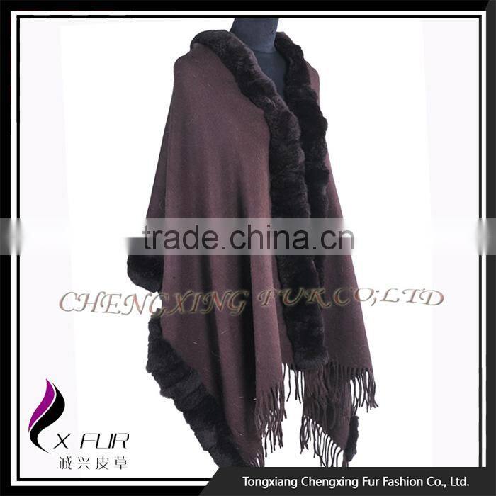 CX-B-P-48D Fashion Indian Cashmere Pashmere With Rex Rabbit Fur Shawls Hand Made