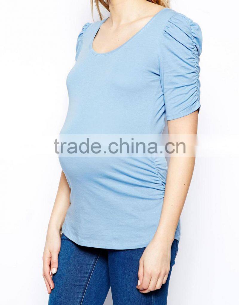 Sky blue plain maternity blouse clothes cheap with ruffle sleeve