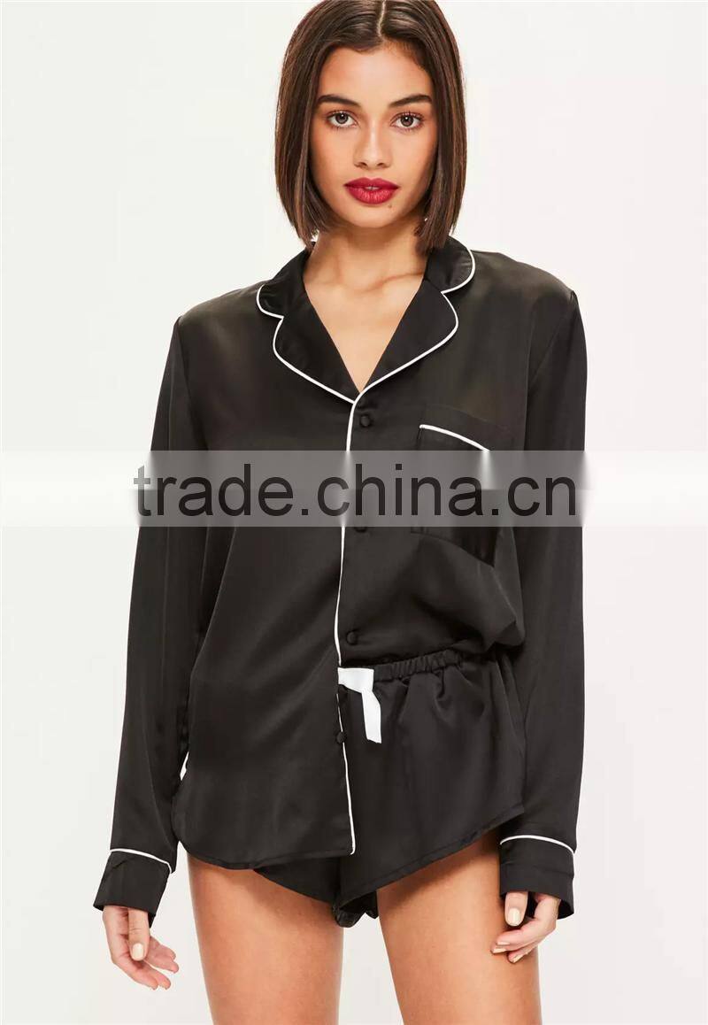 MGOO Custom Designs Women Long Sleeves Black Satin Embroided Pajama Sets Silk Custom Logos Your Tag Sleepwear
