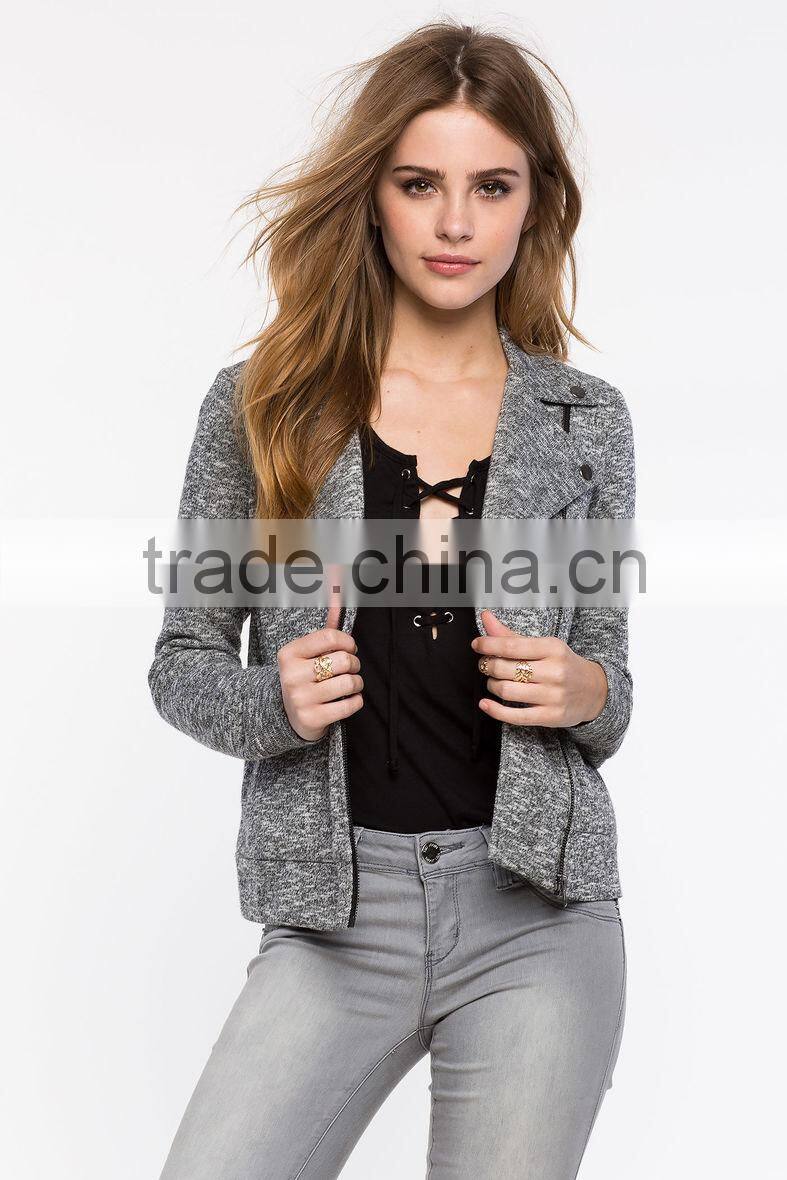 Fashion notch collars zip-up motocycle jacket winter woman jacket