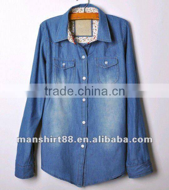 Elegant European&American classic style 100% Cotton Light bule Denim/Retro shirt for Women/Ladies with S,M,L,XL,XXL