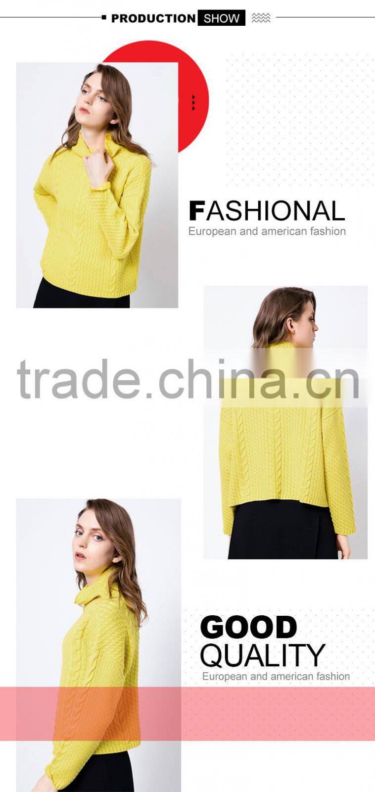 Women's winter yellow heavy loose turtleneck cable knit sweater with lowest price