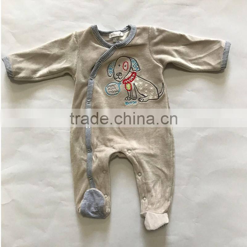75% cotton 25% polyester velour baby boys footed romper