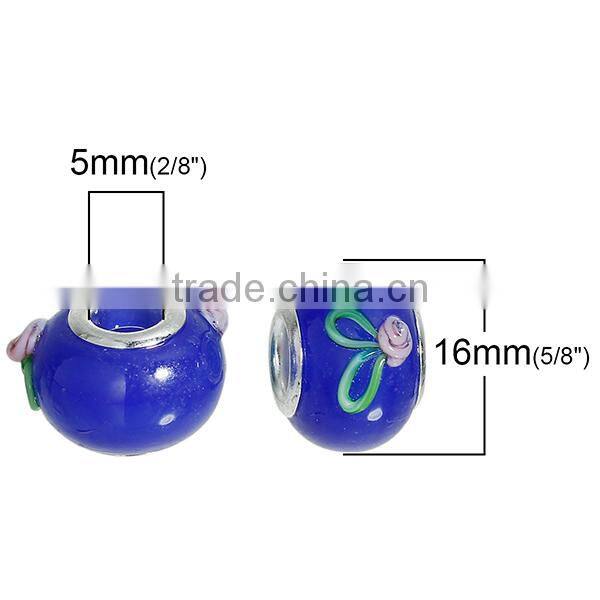 New Design Round Silver Plated Core Deep Blue Flower Pattern Enamel Lampwork Glass European Style Large Hole Charm Beads