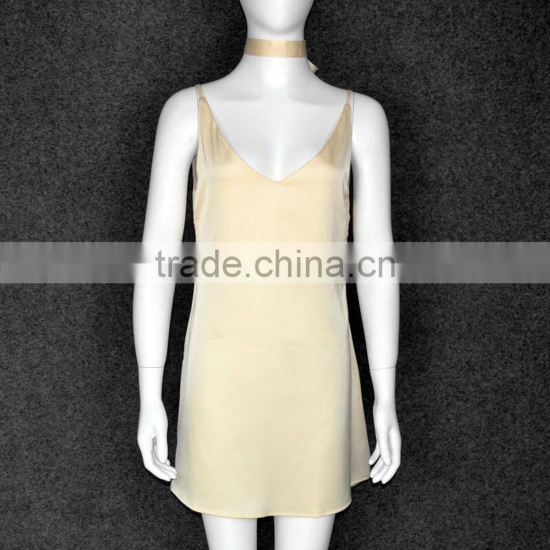 Women Deep V Choker Neck Satin Slip Dress Sexy Strappy Sleeveless A-Line Summer Evening Party Dress Sundress Club Wear