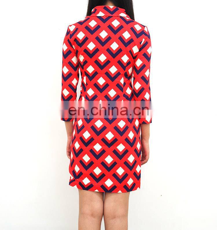 High end retro printing big lapels Knitted Cotton dress temperament Slim Casual Dresses
