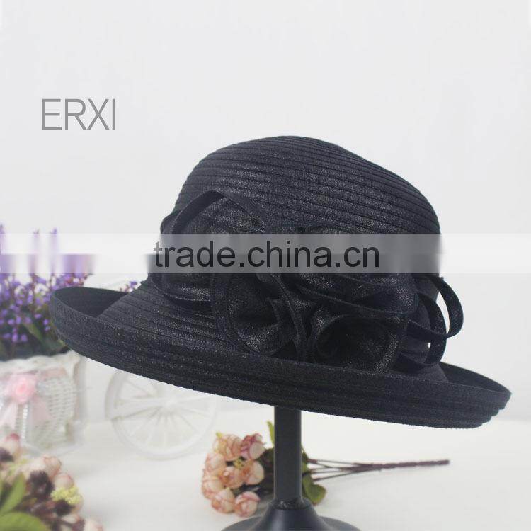 Latest Style Womens' Chuch Hat,Black Straw Hat With Sinamay Flower Decorate