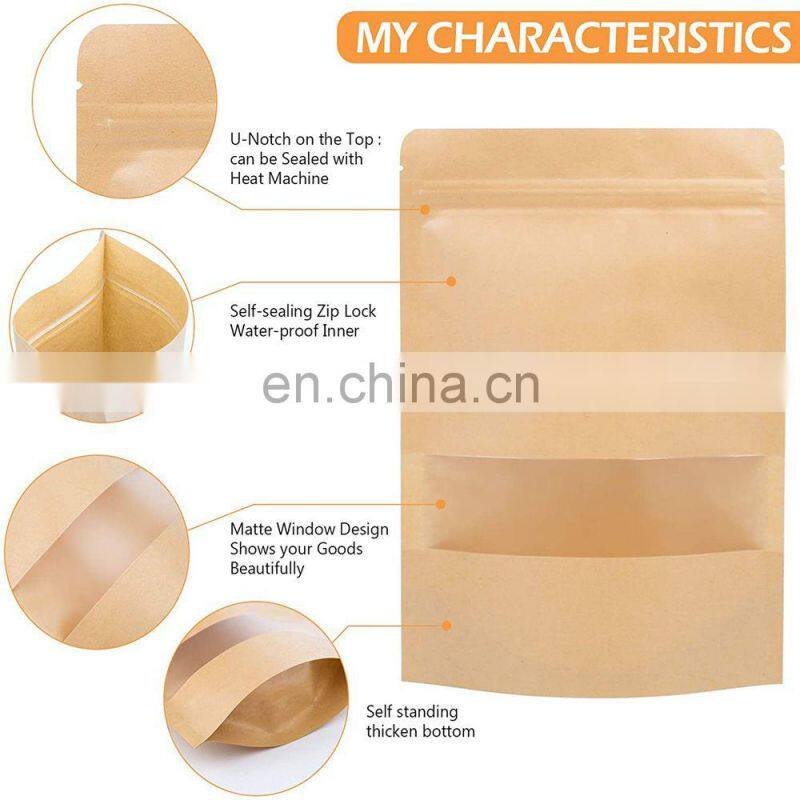 Doypack Zip lock Brown White Kraft Craft Paper Standing Up Pouches Food Packaging Zipper Bags With Window