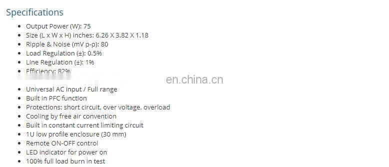 AC to DC Switching Power Supply Single Output with PFC Function 5 Volts 15 Amps 75 Watts RSP-75-5