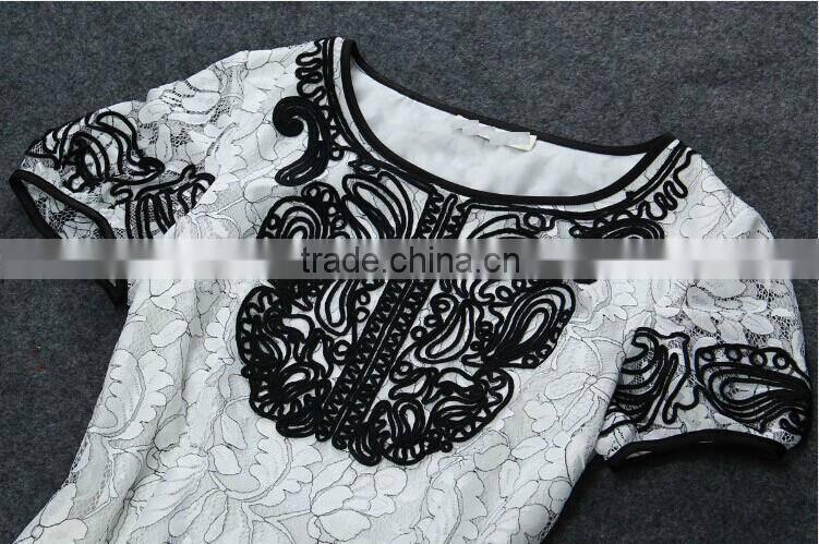 2014 Summer Europe name brand runway fashion short sleeve cute lace dress with for girls B-C9531