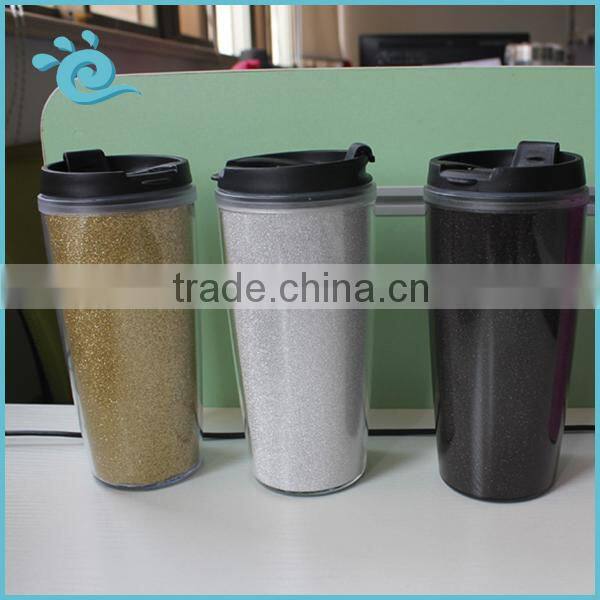 Food Grade 450ML Personalizd Double Wall PS insulated Coffee Mug with Glitter paper insert