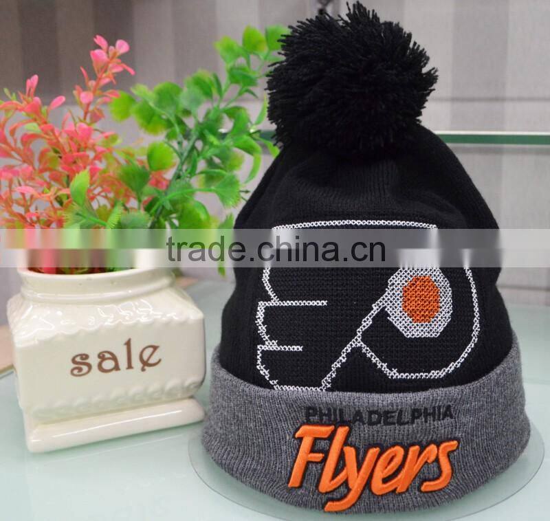 OEM wholesale custom beanie 3D embroidery logo pom pom beanie hat/knitted beanie cross-stitch