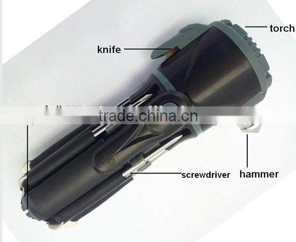QC-208 12 IN ONE high quality multi function car emergency hammer , strong bright torch, screwdriver set, hand tool