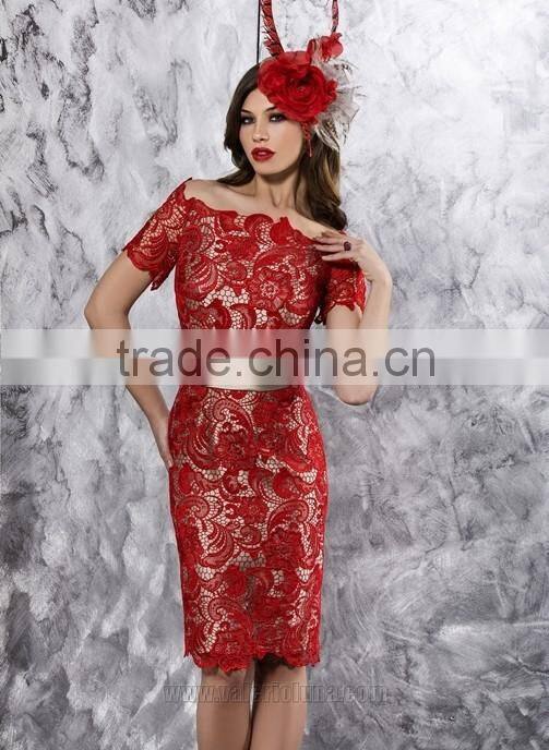 New Elegant Plus Size Knee Length Wedding Dress Bateau Short Sleeve Red Mother of the Groom Bride Lace Dresses Short 2015(MM04)