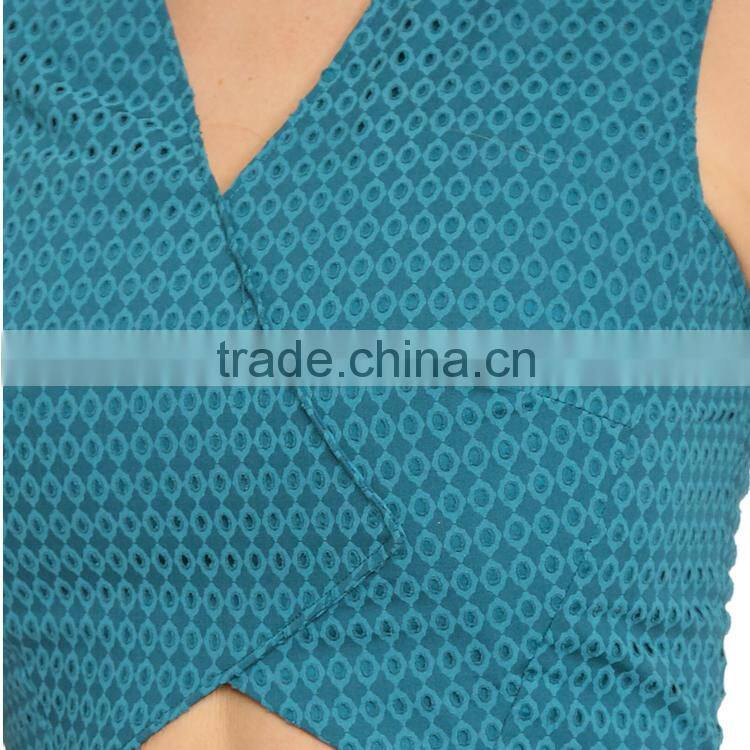 New Style 2015 Women Fashion V Neck Cut Out Front Mini Pleated Jacquard Dress Photo