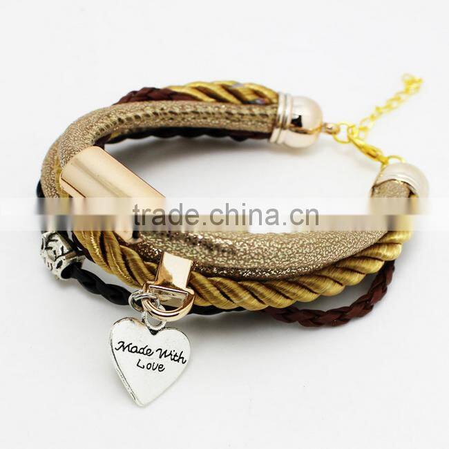 New Vintage Fashion Simple Metal Made With Love Heart Christmas Tree Charm Multilayer Leather Bracelet