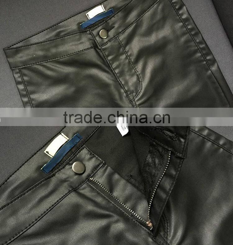 2016 Autumn Fashion Women Metal Button Zipper PU Coating Motorcycle Pants Ladies High Waist Skinny Black Sexy Leather Leggings