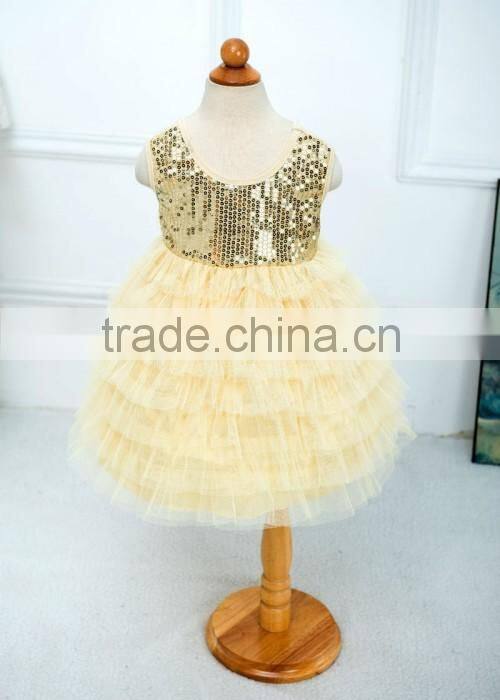 Fashion Handmade Paillette Lace Wedding Dress Custom Sleeveless Layered Dress Kids Girls Party Dress Design