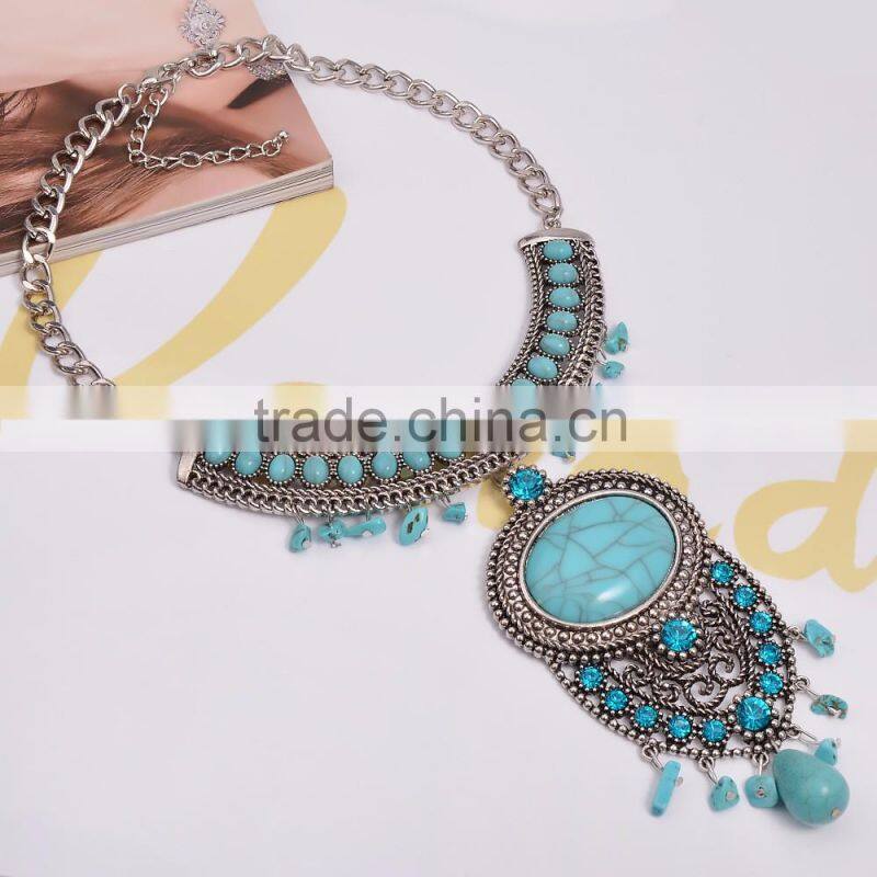 Factory Directly Wholesale New Arrive Bohemian Turquoise Alloy Necklace Chunky Statement Necklace